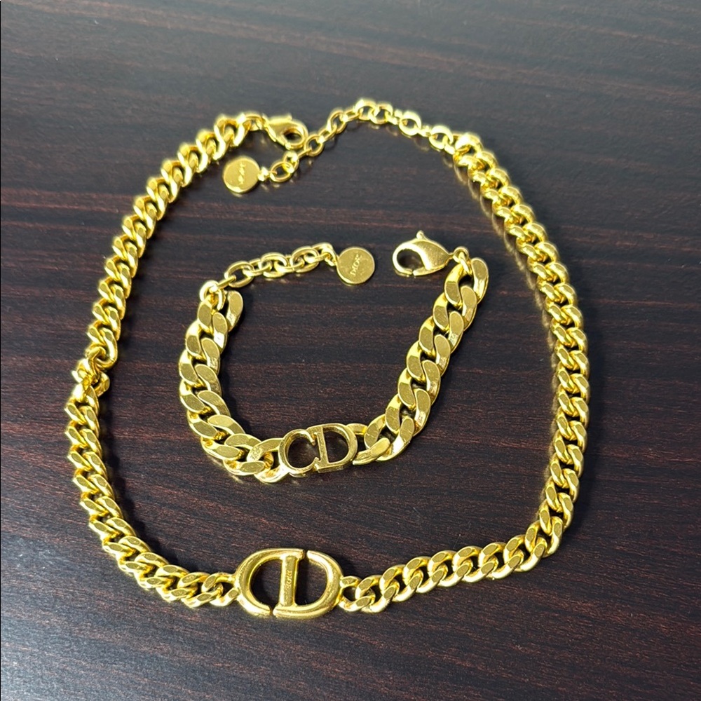 DIOR Gold Chain Necklace and Bracelet Set